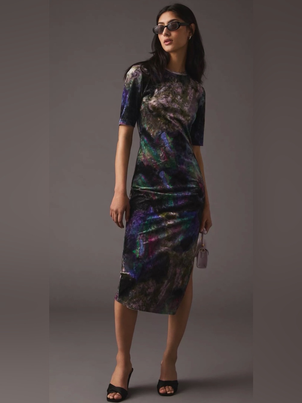 Cynthia Rowley Crushed Velvet Midi Dress in Black with Jewel-Tone Print